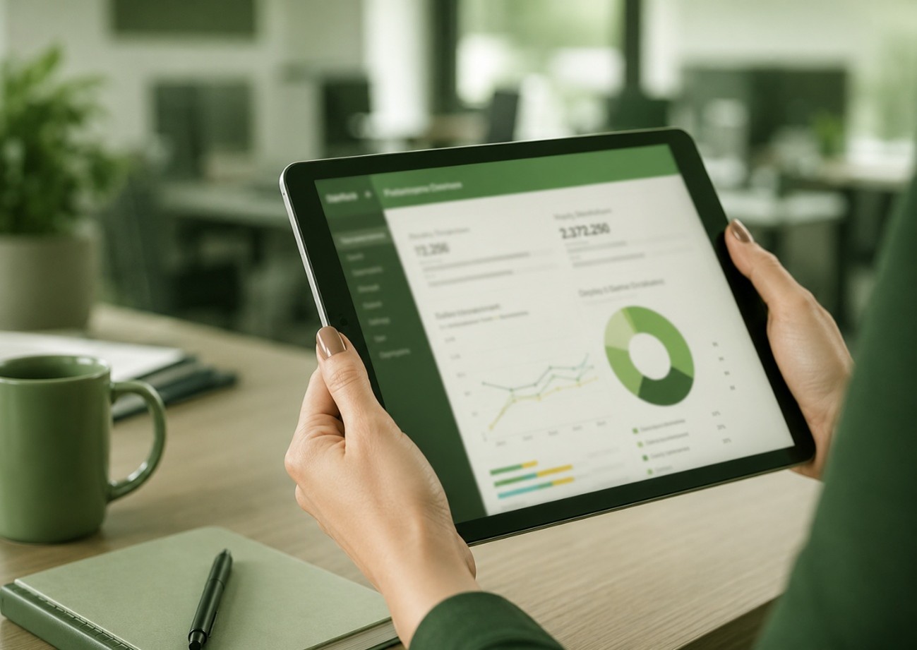 Mulher com tablet exibindo dashboard de inventário GEE do de sua empresa, mostrando gráficos de emissões de carbono auditadas em tempo real pelo RBNA Consult. A interface verde do RBNA Consult em ambiente corporativo moderno.